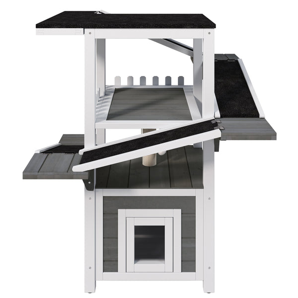 English Elm 4 Tier Outdoor Pine Cat Tower with Waterproof Roof Enclosed Den and Balcony Perch Grey,White N704P436318K