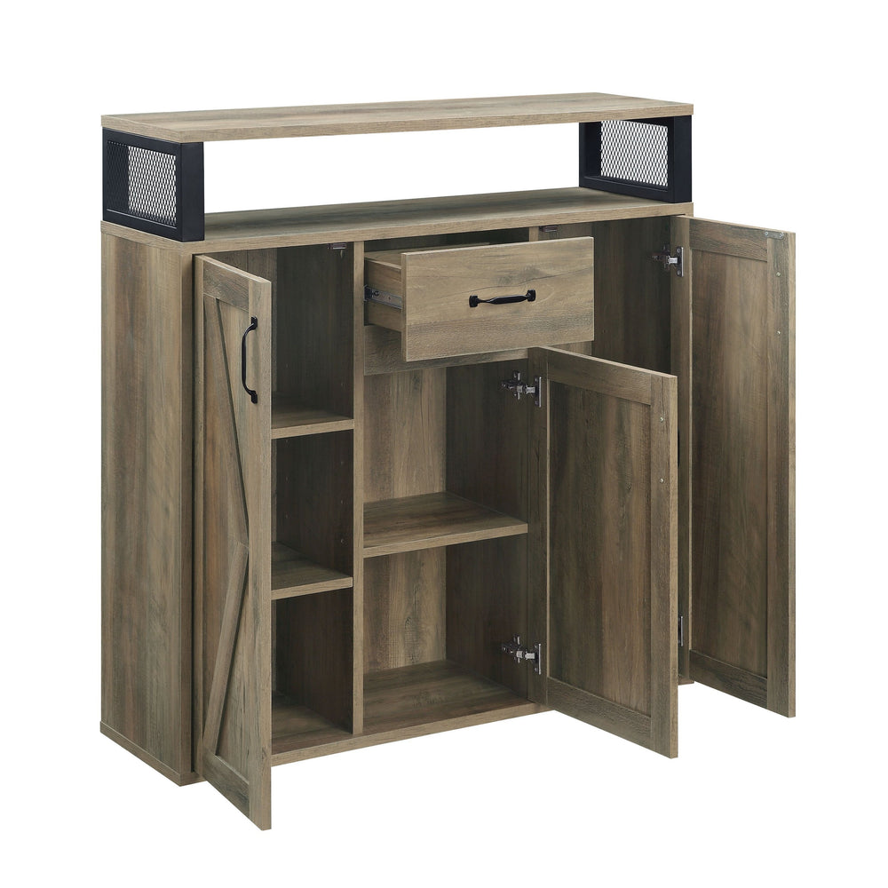 English Elm Abiram Rustic Oak Finish Server with 15-Bottle Wine Rack, Cup Holder, 3 Drawers & Adjustable Shelves B2726P256329