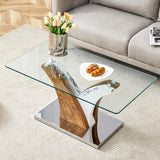 English Elm Rectangular Coffee Table.Tempered Glass Countertop, and Artistic Mdf Legs,Perfect For Hosting Dinners, Conferences, Home, and Office Decorations.White and Wood,Dining Table,Tea Table.Coffee Table.