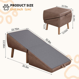English Elm Dog Pet Stairs Solid Wood Foldable Ramp with Ottoman Style for Couch or Bed Brown W2641P440163