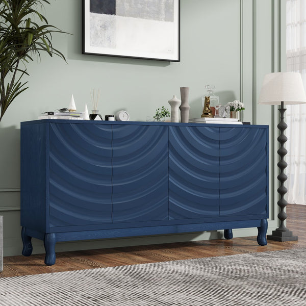 English Elm Elegant Navy Blue Sideboard, 4-Door Storage Cabinet with Arched Groove Wavy Doors, Adjustable Shelves W2696P245317