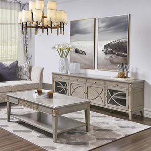 English Elm Jennifer Taylor Home - Dauphin 71" TV Stand Console Table in Grey Cashmere Wood with Gold Accents, Ample Storage, Assembled B2719P238490