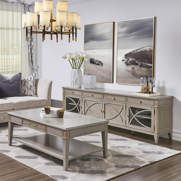 English Elm Jennifer Taylor Home - Dauphin 71" TV Stand Console Table in Grey Cashmere Wood with Gold Accents, Ample Storage, Assembled B2719P238490