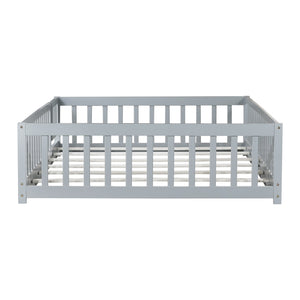 English Elm Twin Solid Rubberwood Floor Bed with Full Perimeter Safety Rails for Toddler Rooms Grey W504P296784