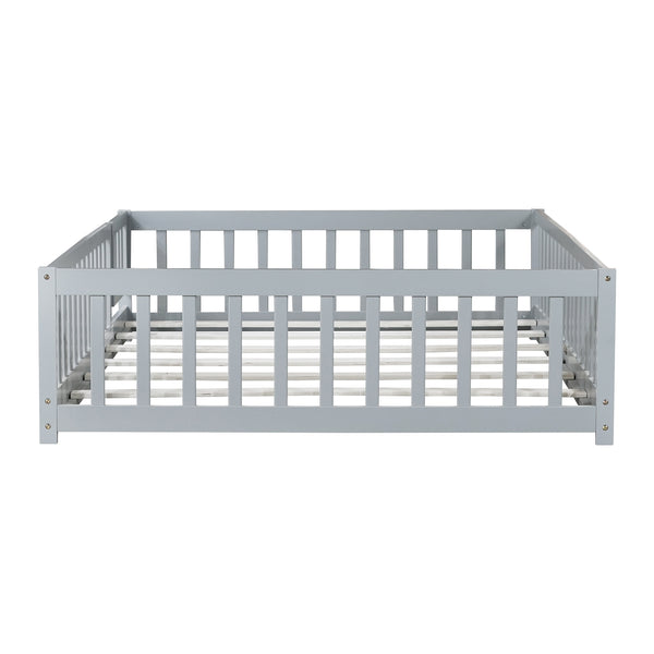English Elm Twin Solid Rubberwood Floor Bed with Full Perimeter Safety Rails for Toddler Rooms Grey W504P296784