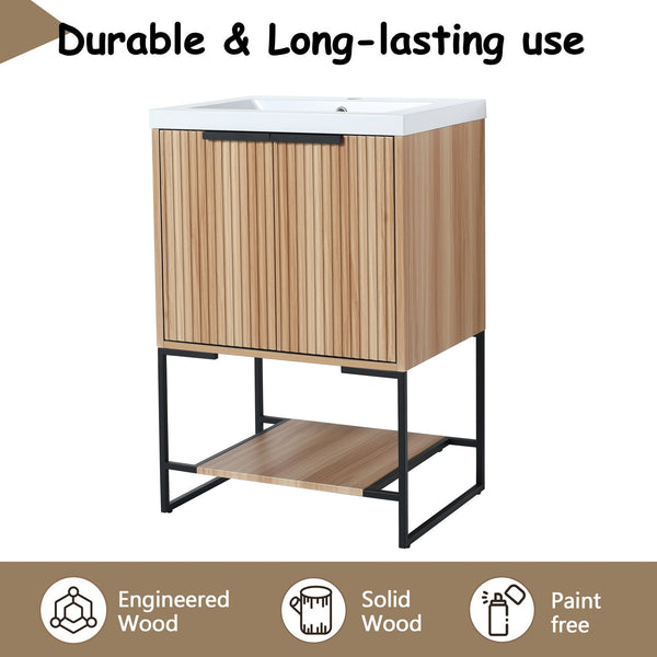 English Elm 24 Inch Freestanding Bathroom Vanity with Resin Basin, Soft-Close Doors, Open Shelf Storage, Modern Design W999P181590