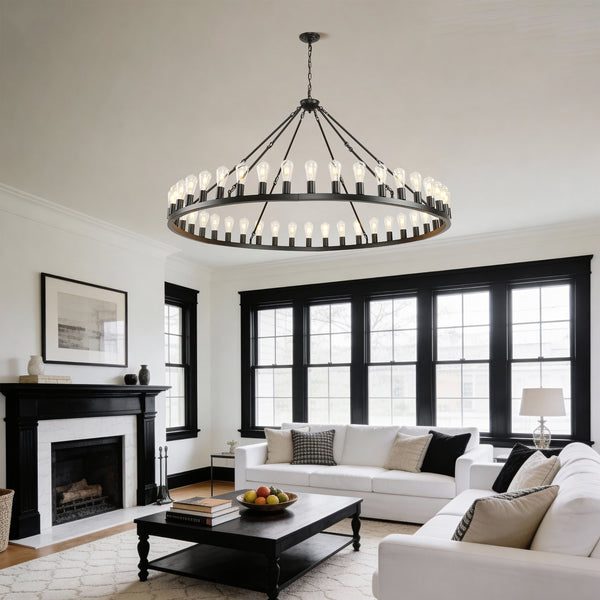 English Elm 64 Inch Wagon Wheel Chandelier 42 Light Matte Black Farmhouse Pendant for Vaulted Rooms W5008P389353
