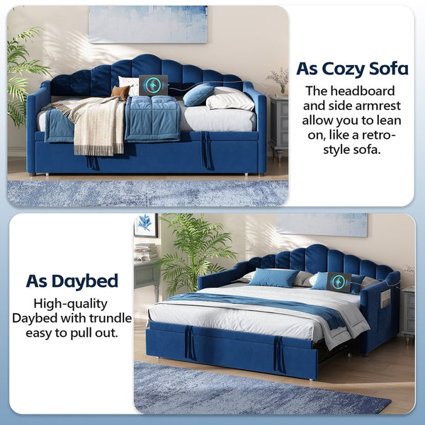 English Elm Upholstered Twin Daybed with Pop up Trundle Velvet Frame and Built in Usb Charging Blue N733S410648C