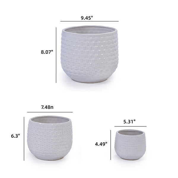 English Elm 3 Pieces Ceramic Flowerpot Set - Elegant Matte White Planters For Modern Home Décor & Gardens W3273P321548