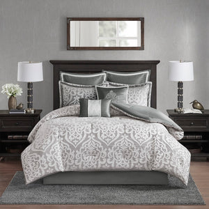 English Elm 8 Piece Jacquard Comforter Set - Luxurious Silver Cal King Set With Elegant Medallion Design & Pillows B035128888