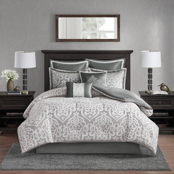 English Elm 8 Piece Jacquard Comforter Set - Luxurious Silver Cal King Set With Elegant Medallion Design & Pillows B035128888