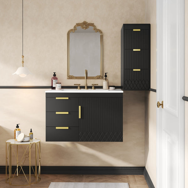 English Elm 30" Bathroom Vanity with Sink — Wall-Mounted Ceramic Basin, Soft-Close Storage, Floating Modern Design Black N710S324096B