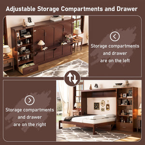 English Elm Queen Murphy Bed with Built-In Shelves, Height-Adjustable Storage & Drawer for Small Spaces Walnut 71.6 L x 21.5 W x 6.1 H N733S309223D
