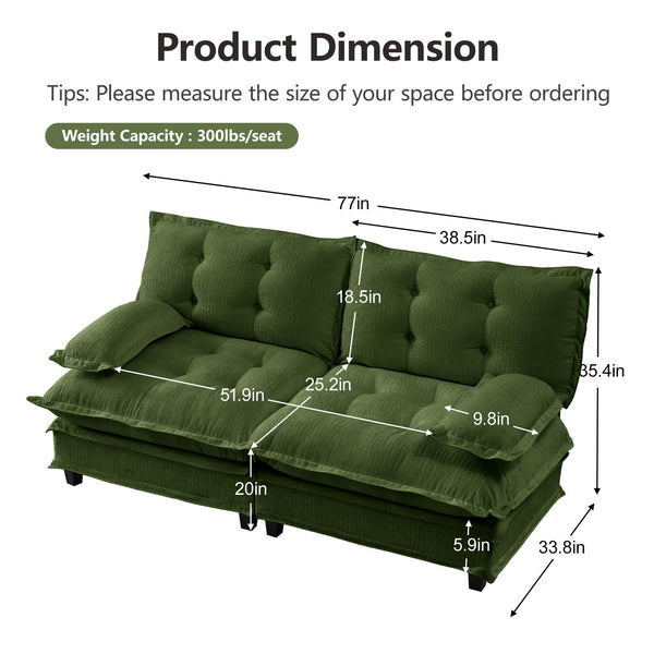 English Elm 77 Inch Cloud Loveseat Modular Chenille Sofa with Lattice Cushions for Any Room Green W714S01717