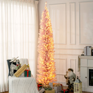 English Elm Homcom 8' Tall Slim Pink Noble Fir Christmas Tree With 300 Led Lights - Elegant Holiday Decor! W2225P249658