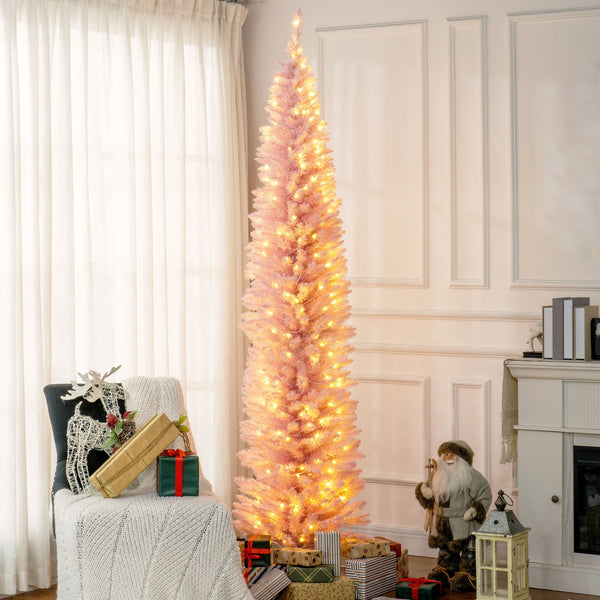 English Elm Homcom 8' Tall Slim Pink Noble Fir Christmas Tree With 300 Led Lights - Elegant Holiday Decor! W2225P249658
