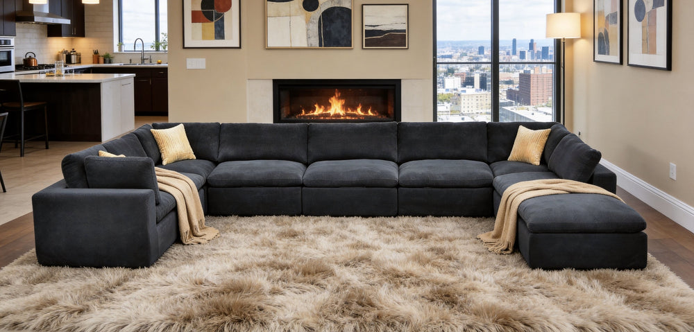 English Elm Coffee Bean Upholstered Modular Sectional Sofa with Toss Pillows Lounge Style Dark Gray B2748S00085