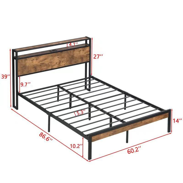 English Elm Queen Storage Bed Wood Headboard Metal Frame Usb Charging Two Under Drawer Bedroom W311S00063