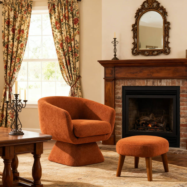 English Elm Lazy Swivel Barrel Chair and Ottoman Set Upholstered Modern Reading Nook Accent Orange W2085P381039