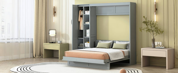 English Elm Full Size Murphy Bed with Open Shelving Wardrobe and Led Lighting for Studio Spaces Gray LP000898AAE