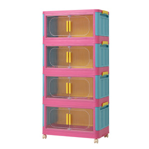 English Elm Happy 20" Side Wide Folding Storage Cabinet with 5 Tiers, Wheels, Magnetic Door, Durable PP Design Blue+Pink W2873P279883