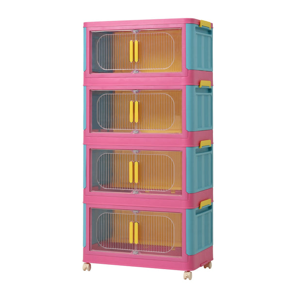 English Elm Happy 20" Side Wide Folding Storage Cabinet with 5 Tiers, Wheels, Magnetic Door, Durable PP Design Blue+Pink W2873P279883