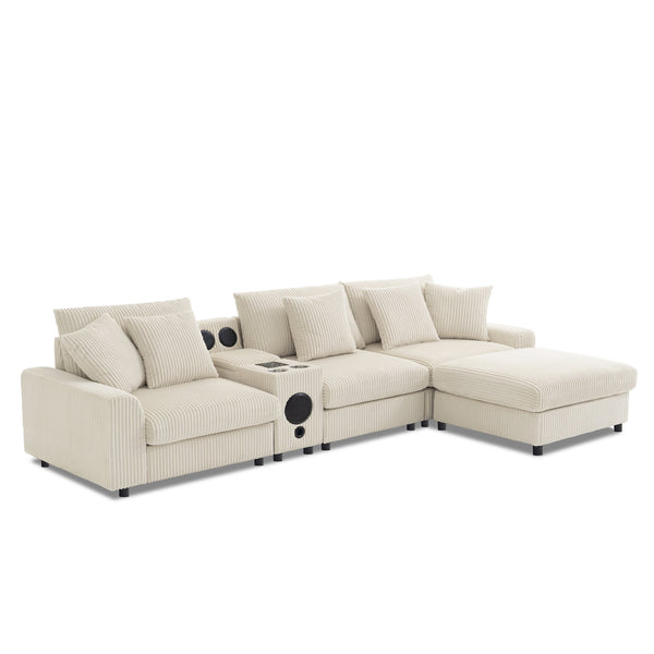 English Elm [video]112*64'' Corduroy L-shaped Sectional Cloud Sofa with Bluetooth Console Ottoman Living Room N723S1756A