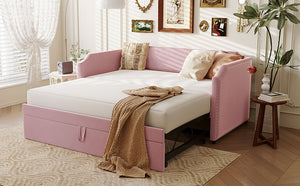 English Elm Twin Velvet Upholstered Daybed with Pop up Trundle for Guest or Kids Rooms Pink SF000197AAH