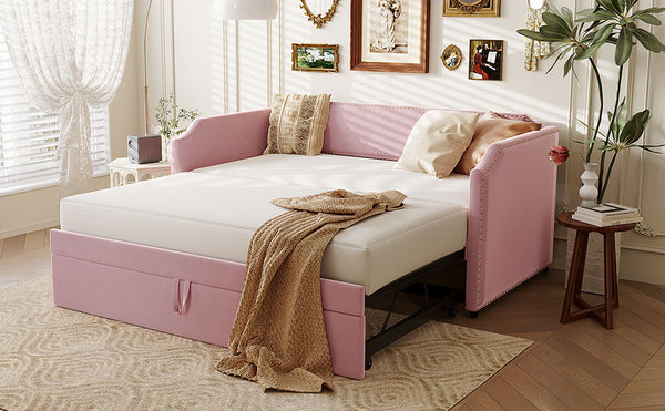 English Elm Twin Velvet Upholstered Daybed with Pop up Trundle for Guest or Kids Rooms Pink SF000197AAH
