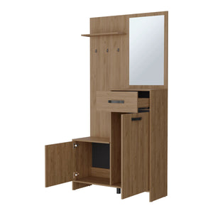 English Elm Natural Oak Hall Tree with Mirror, Drawer & Four Shelves — Tall 75" Storage Organizer for Entryway Elegance and Functionality B062P290249