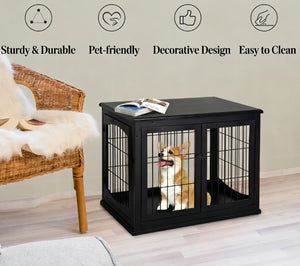 English Elm Small Dog Crate End Table with French Doors Arched Windows and Black Mdf Finish T3971P433245