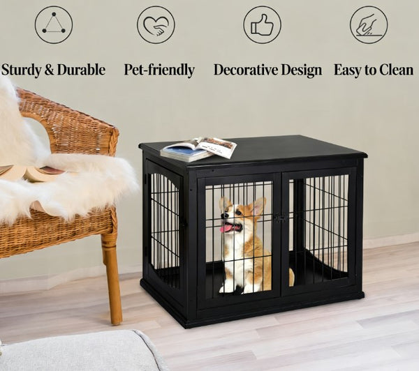 English Elm Small Dog Crate End Table with French Doors Arched Windows and Black Mdf Finish T3971P433245