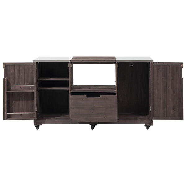 English Elm K&K 66.5" Outdoor Kitchen Island with 1.2" Stainless Steel Top, Ample Storage, Wheels & Bottle Opener Brown N707P250629Z