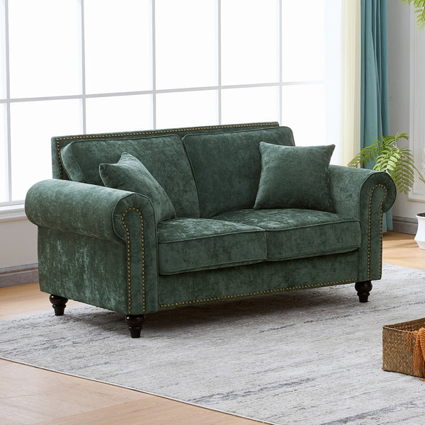 English Elm 63" Modern 2-Seater Sofa with Chenille Velvet, Rolled Arms, Nailhead Trim, Solid Wood Frame Durable Green W3373S00043