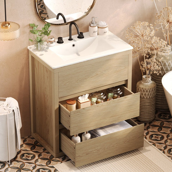English Elm Christopher Knight Home® - 30" Bathroom Vanity with Ceramic Sink, 2 Soft-Close Full-Extension Drawers, Handle-Free 45° Design, Durable MDF Natural N817P280549N