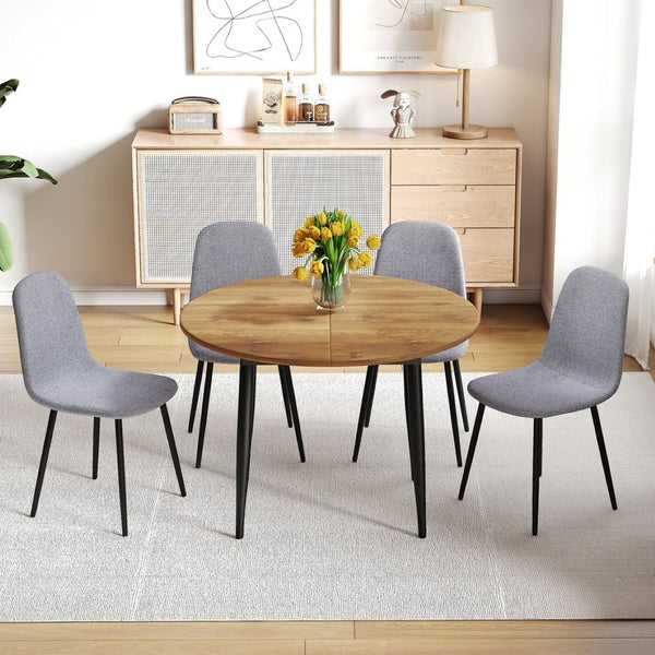 English Elm Table Extendable Round-To-Oval Mdf Dining Set With 4 Light Gray Linen-Cotton Chairs For Gatherings W1151S04142-GIGA