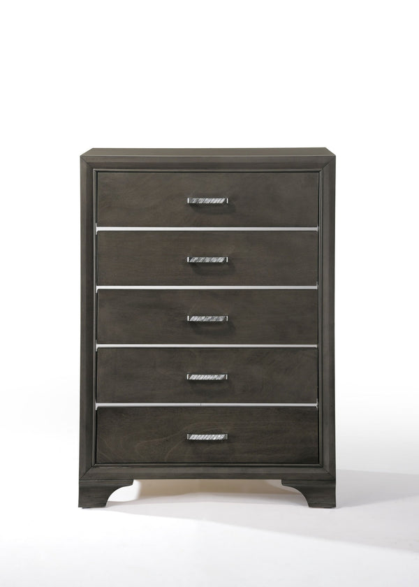 English Elm Grey 5-Drawer Chest with Smooth Pulls, Modern Grey Finish, Spacious Storage for Bedroom & Hallway B062P209023