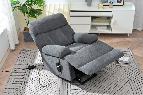 English Elm Oversized Power Lift Recliner Chair with Remote Control, Spacious Fabric Seat and Side Pocket for Comfort and Support Dark Gray W1028P261272