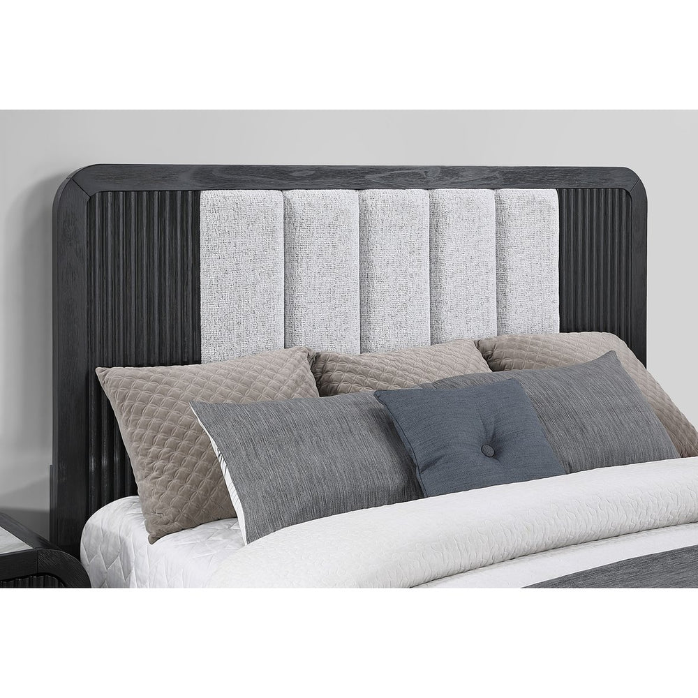 English Elm Beverly Solid Wood Bed with Fluted Detailing and Plush Upholstered Headboard, Low Profile Design Black and White King B201S00418