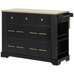 English Elm K&K Rustic Kitchen Island Cart with 6 Drawers, Pull-Out Trash Cabinet, Drop Leaf & Built-In Charging Station Black N707P307292B