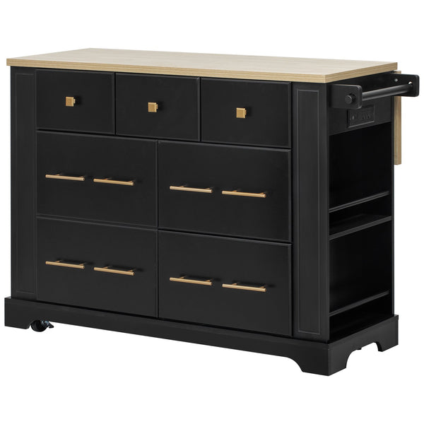 English Elm K&K Rustic Kitchen Island Cart with 6 Drawers, Pull-Out Trash Cabinet, Drop Leaf & Built-In Charging Station Black N707P307292B