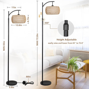 English Elm Arc Floor Lamp With Remote Control – Dimmable Led, Adjustable Height & Stylish Rattan Shade For Home W2738P185401