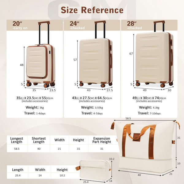 English Elm Luggage 5 Piece Hardside Abs Set with Front Access Carry on and Tsa Spinner Wheels Brown+White N732P391544K