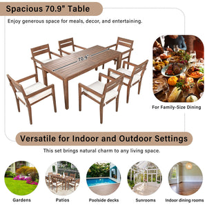 English Elm U_style Solid Acacia Wood Patio Dining Set Six Stackable Chairs Cushions Modern Outdoor Burly Wood WY000459AAD