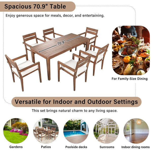English Elm U_style Solid Acacia Wood Patio Dining Set Six Stackable Chairs Cushions Modern Outdoor Burly Wood WY000459AAD