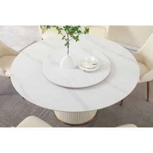 English Elm 59"modern Sintered Stone Round Dining Table Lazy Susan Pedestal Base with 8 Chairs W509S00167