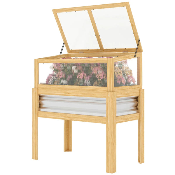 English Elm Flowers Elevated Fir Wood Raised Planter with Cold Frame Greenhouse Lid for Patio Gardens Natural Wood T3971P476376