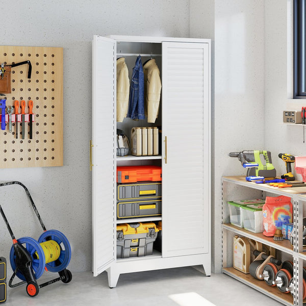 English Elm White Steel Freestanding Wardrobe Cabinet with Rod and Shelves for Dorm or Apartment T2398P480394
