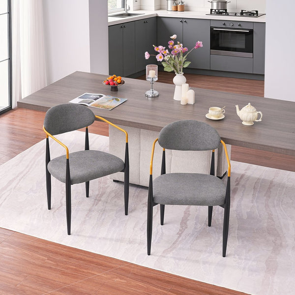 English Elm Modern Upholstered Dining Chairs Set of 2 Beige Fabric Gold Arm Black Frame W5501P462422