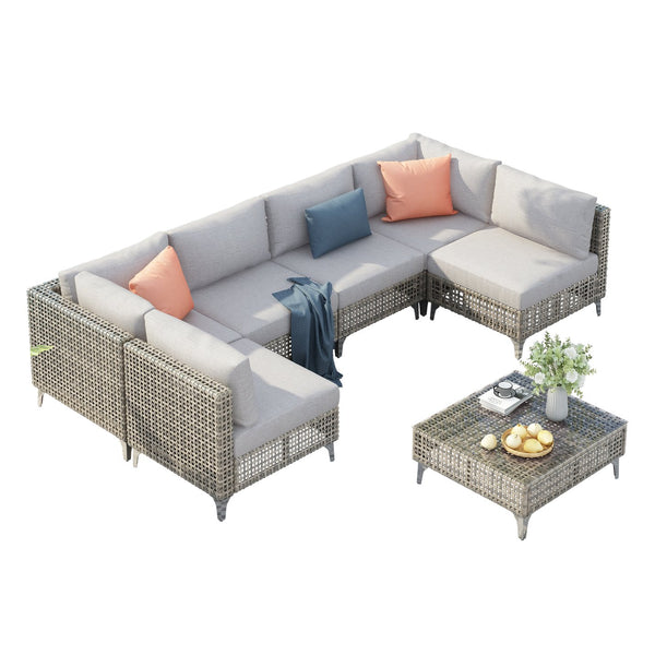 English Elm K&k 7 Piece Outdoor Modular Sectional Wicker Sofa Set with Tempered Glass Coffee Table Grey N707S000011G